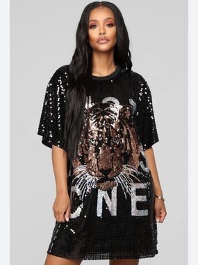 Sequin Tiger Graphic Top Black Sparkle Shirt Statement Tee Oversized